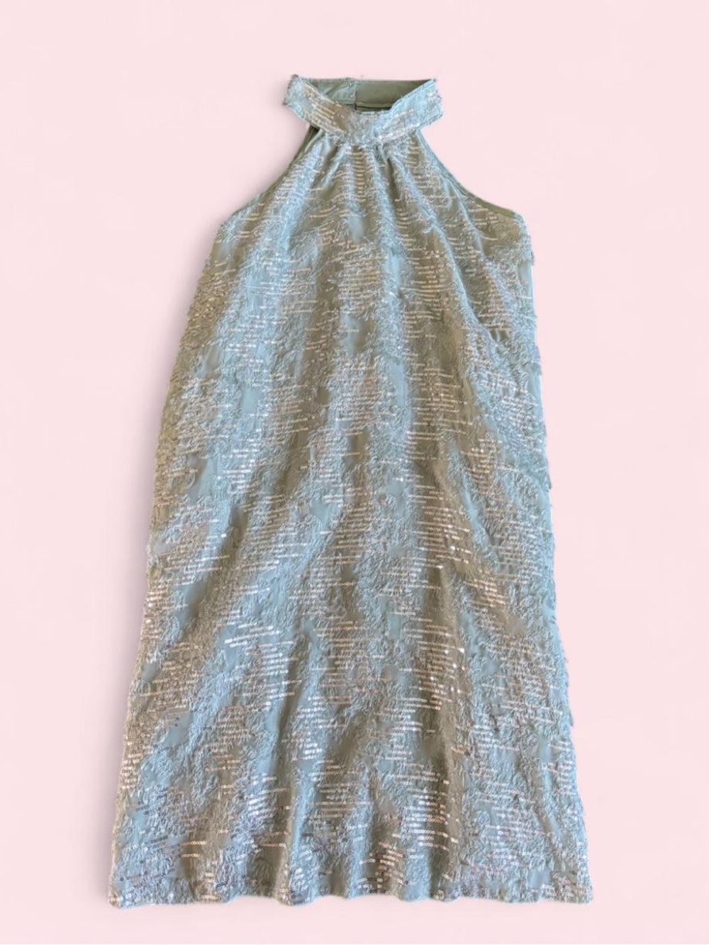 Modern Disco Silver Sequin Soft Teal Green Halter dress.